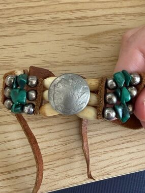 Handmade Southwestern Turquoise Chip & Bone Bracelet with Coin Accent